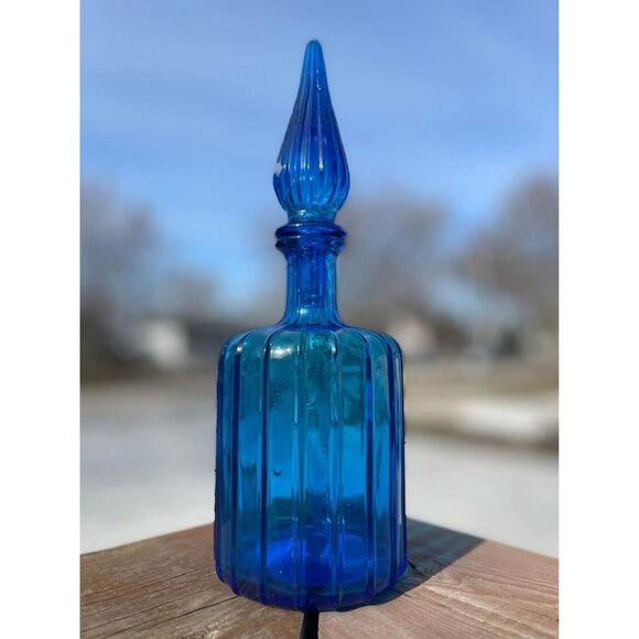 Vintage Italian Empoli Genie Bottle Ribbed Kingfisher Cobalt Blue Glass Decanter - Picture 2 of 10